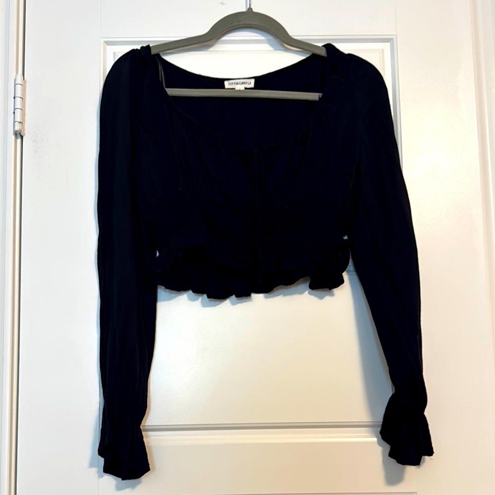Cotton Candy LA Black Ribbed Ruffled Crop Blouse